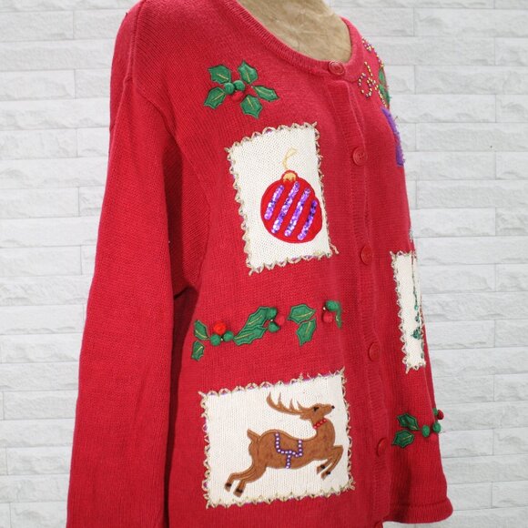 BOBBIE BROOKS Cardigan Christmas Knit Sweater Holiday Ugly Patchwork Red XL - Picture 2 of 12